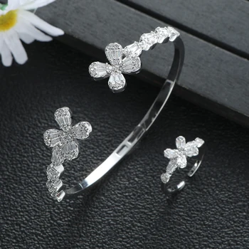 Luxury 2PCS геометрия цвете отворен маншет гривна пръстен комплекти за жени сватба кубичен циркон булчински бижута S499-3413