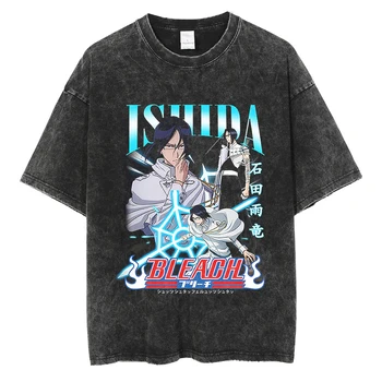 2023 Лято BLEACH печат Мъже Улично облекло Реколта извънгабаритни хип-хоп тениска измити Harajuku ретро черна тениска памук тениски