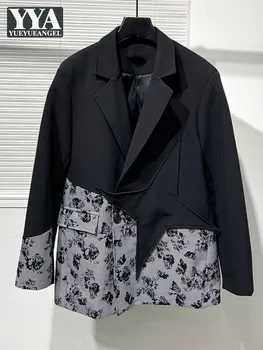 Пролет пачуърк отпечатани случайни палто мъжки готически мода един бутон черен костюм яке улично облекло хлабав годни мъжки блейзъри върховете