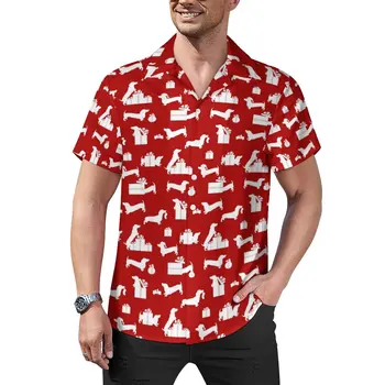 Дакел печат хлабав риза мъжки ваканция смешно Коледа случайни ризи лято модел къси ръкави смешно извънгабаритни блузи
