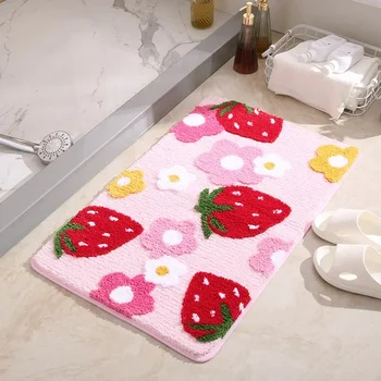 Сладък ягодов тъфтинг баня мат розови сладки момичета мек плюшен домашен декор килим спалня килим нехлъзгащ коридор входна изтривалка