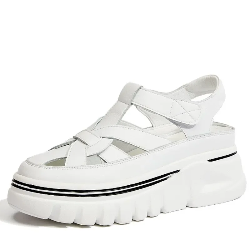 6см естествена кожа жени платформа сандали клин слайдове кука поглед жени летни обувки пързалки чехли елегантни бели обувки