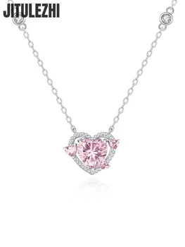 Trendy 925 стерлинги сребърен висулка огърлица за жени розов камък сърце форма висулка годежен сватбено тържество сребърни бижута