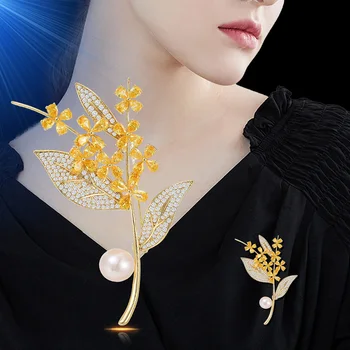 Брошка за жени Луксозно злато циркон цвете брошки дамско облекло ревера щифтове елегантен високо качество бижута аксесоари подаръци