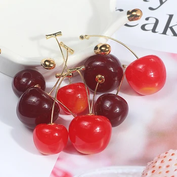 1Pair Япония сладък сладък симулация червена череша злато цвят плодове родословни обеци за жени момиче студент подарък бохемски капка обеци