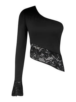 Жените Y2k дантела пачуърк изрязване отгоре едно рамо секси виждам през тениска Топ тънък годни риза Tee блуза Streetwear