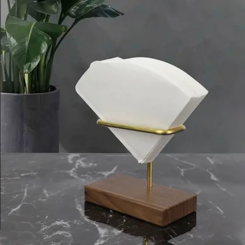 Държач за филтърна хартия за кафе Дървена основа Fan Форма на хартия Месингова стойка за съхранение