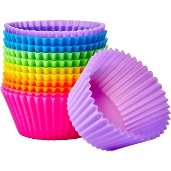 Силиконови кръгли форми за печене за многократна употреба, подложки за мъфини, опаковка от 12, многоцветни