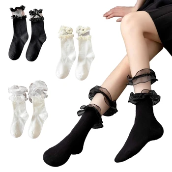 L93F 1 чифт жени къдрици чорапи момиче дантела гарнирани глезена чорапи накъдрен чорапи с папийонки памучни чорапи принцеса стил рокля чорапи