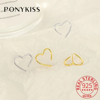 PONYKISS Trendy Real 925 стерлинги сребърна линия кухи сърце Stud обеци за жени сладък фини бижута минималистични аксесоари
