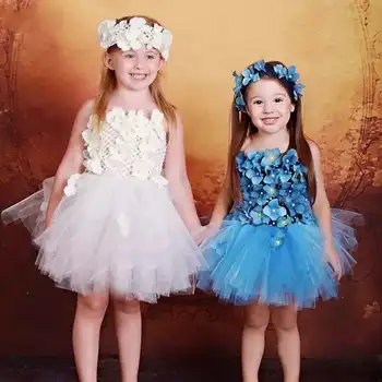 Бебе момичета бели цветни венчелистчета Рокля от туту Детска рокля от тюл с лък Детски рожден ден Костюм Фотография Рокли