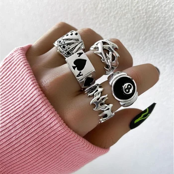 Пънк готически покер пръстен комплект за жени Реколта пики асо покритие ретро кристал чар билярд пръстени пръст