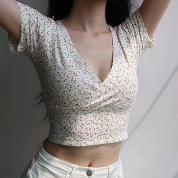 Френски ретро флорални v-образно деколте къс ръкав тениска лято тънък отслабване див висока талия тениска жените