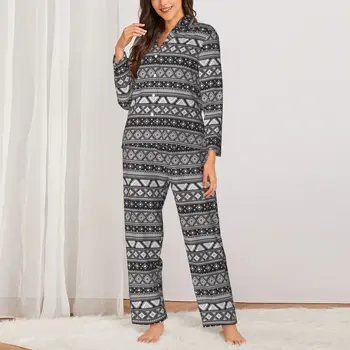Сив племенен печат пижами жени реколта етнически елегантен отдих спално облекло пролетта 2 парче случайни хлабав извънгабаритни потребителски пижами комплект