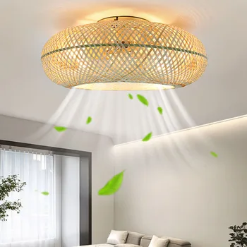 Модерни вентилатори за таван на спалнята със светлина НОВ бамбуков ратан ръчно тъкана ретро таванна лампа с вентилатори дистанционно управление LED вентилатор