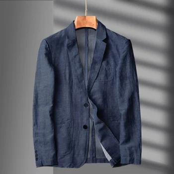 Navy Blue Linen Blazer Men Summer Casual Suit Single Jacket For Men Black Blazer Men 2023 Нов небрежен пролетен и есенен бизнес