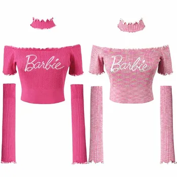Барби Kawaii сладко момиче момичешки стил излагане пъпа кратко пуловер жени пролет есента облекло едно рамо върховете тениска