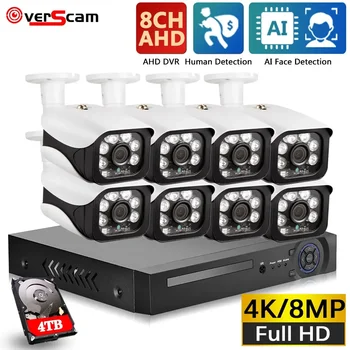 Overscam 8MP HD Face Detection Analog Cam Outdoor CCTV System 8CH 4K DVR AHD Водоустойчива камера Комплект системи за видеонаблюдение