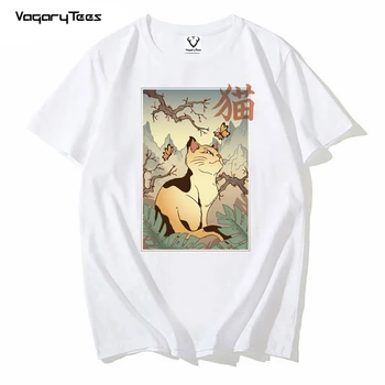 японска котка традиционна живопис графика изкуство класическа тениска печат мъже тениска риза дрехи O-образно деколте улично облекло чай