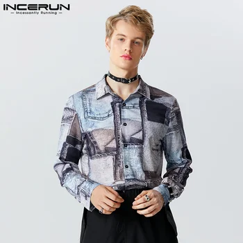 американски стил мъжки мода деним печат модел ризи случайни парти гореща продажба ревера дълъг ръкав блуза S-5XL INCERUN върховете 2023