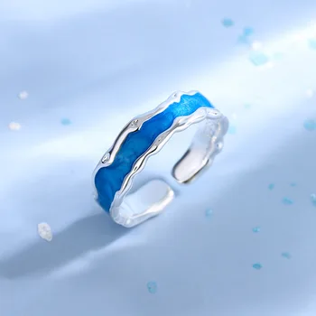 Минималистичен емайлиран син пръстен за мъже и жени, творчески отварящи сребърни цветни пръстени, парти бижута подаръци