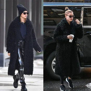 Нов костюм яка стил мода случайни черни дълги козина средата дължина топло палто Хейли същия зимен стил