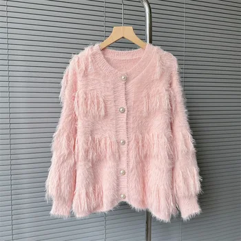 Ръчно изработен пуловер от мъниста за жени Сладък пискюл около врата плетена жилетка Топ джъмпери розов цвят