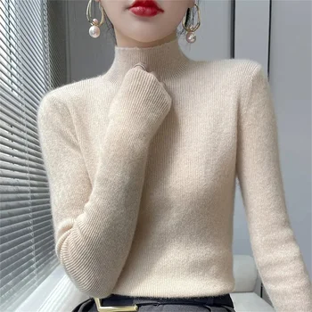 2023 НОВО Есен Зима Корейска мода Femme пуловер Дебел плетен Дамски пуловер с половин поло Дълъг ръкав Жени Топъл джъмпер