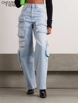 Charmingtrend дънки Дамска мода улично облекло синьо широк крак панталони за жени висока талия пачуърк джобове твърди дънкови панталони
