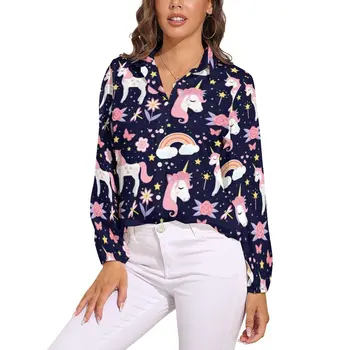 еднорог Doodle хлабав блуза сладък животински печат класически извънгабаритни блузи женски дълъг ръкав Kawaii риза есенни графични дрехи
