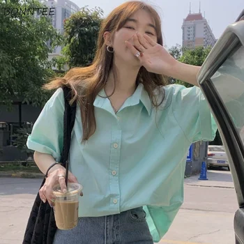 Ризи с къс ръкав Жени Твърди Минималистични Лято Сладки Млади Chemise Femme Preppy корейски стил мода шик колеж All-мач