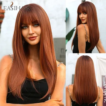 EASIHAIR дълги прави кафяви червени омбре синтетични перуки с бретон естествена перука за коса топлоустойчива ежедневна употреба на cosaply за жени