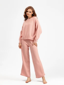 2023 Нова есен зима мода случайни плетене панталони комплекти жени хлабав пуловер широк крак панталони две части комплекти дамски outifits
