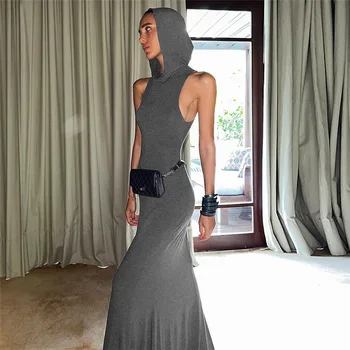 Gtpdpllt Рокля без ръкави с качулка Макси рокля Сиво улично облекло Y2k екипировки Секси дълга лятна рокля за жени 2023 Мода елегантна