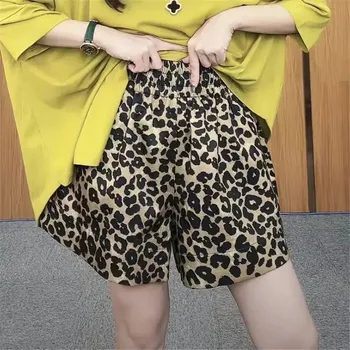 Еластична висока талия леопард печат модни шорти жени случайни Y2k дрехи естетически прав торбест улично облекло реколта шик шорти