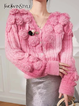 TWOTWINSTYLE Colorblock пачуърк перла отслабване плетене пуловери за жени V врата дълъг ръкав темперамент пуловер женски 2023