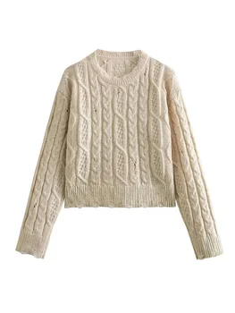 HH TRAF Дамски кабел дълъг ръкав Crewneck пуловер зимата реколта трикотажни случайни топли пуловери женска мода хлабав джъмпери