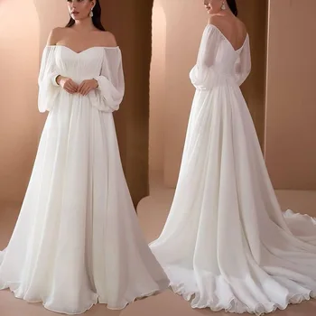 Нови жени елегантна сватбена вечерна рокля бутер дълъг ръкав секси рамо v-образно деколте Ruched бял макси етаж дължина тънък рокля