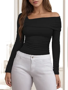 Дамски асиметрични Едно рамо дълъг ръкав Crop Top Ruched Going Out Tops Секси Slim Fit риза Y2K Streetwear