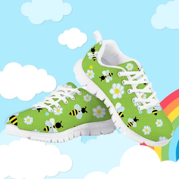 Сладко цвете и пчела карикатура модел мрежести маратонки за деца 2023 Teen момичета момчета леки плоски обувки дантела нагоре спортни обувки