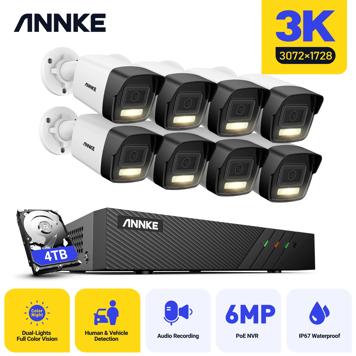 Annke 8CH 6MP NVR Dual Light Audio Фиксирана куршумна камера Откриване на човешки превозни средства HD IP камера за сигурност Poe CCTV