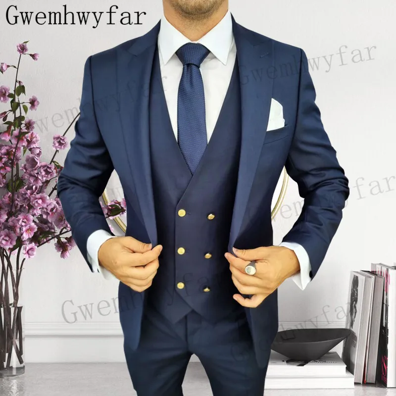 Gwenhwyfar Groomsmen Peaked Lapel Tuxedo Men Suits Wedding/Prom/Dinner Party Wear Blazer Trousers Jacket+Pants+Vest