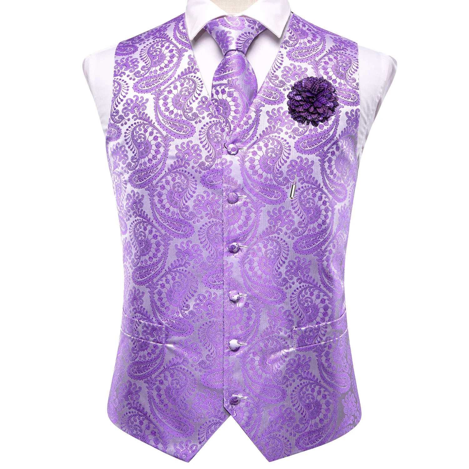 Hi-Tie елегантна мъжка жилетка лилаво сребриста коприна Paisley жилетка вратовръзка ханки копчета за ръкавели брошка комплект за мъже сватбено парти дизайнер