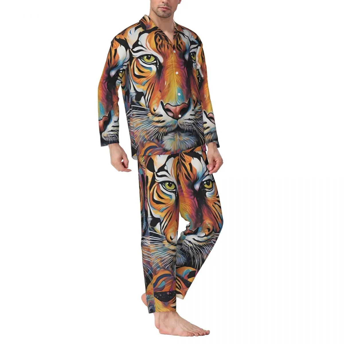 Majestic Prism Tiger Pajamas Man Colorful Animal Kawaii Room Спално облекло Есен 2 броя Loose Oversized Graphic Home Suit