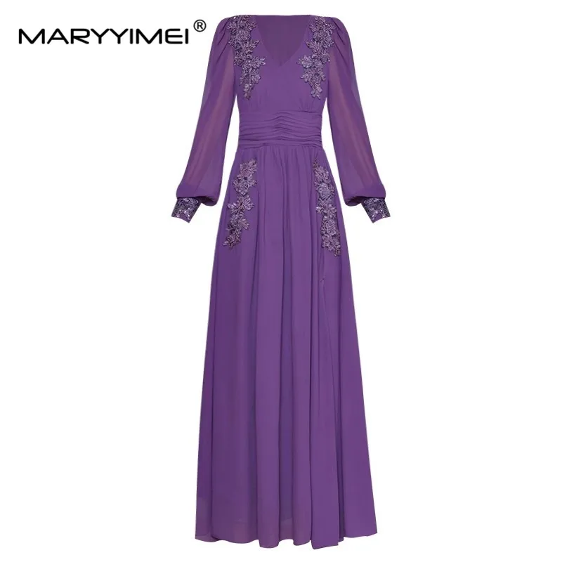 MARYYIMEI Мода Есен Дамска рокля V-образно деколте дълъг ръкав бродерия апликация мъниста гънки тънък елегантен сплит дълги рокли