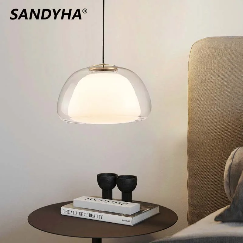 SANDYHA модерен прост крем вятър желе пандант светлина прозрачно стъкло дизайн доведе полилей за трапезария спалня дома декор лампа