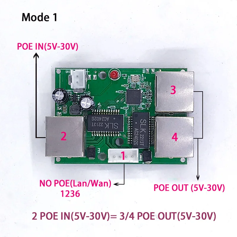  Обратно захранване POE превключвател POE IN / OUT5V / 12V / 24V 75W / 2 = 38.5W 100mbps 802.3AT 45 + 78- DC5V ~ 30V серия на дълги разстояния Force POE