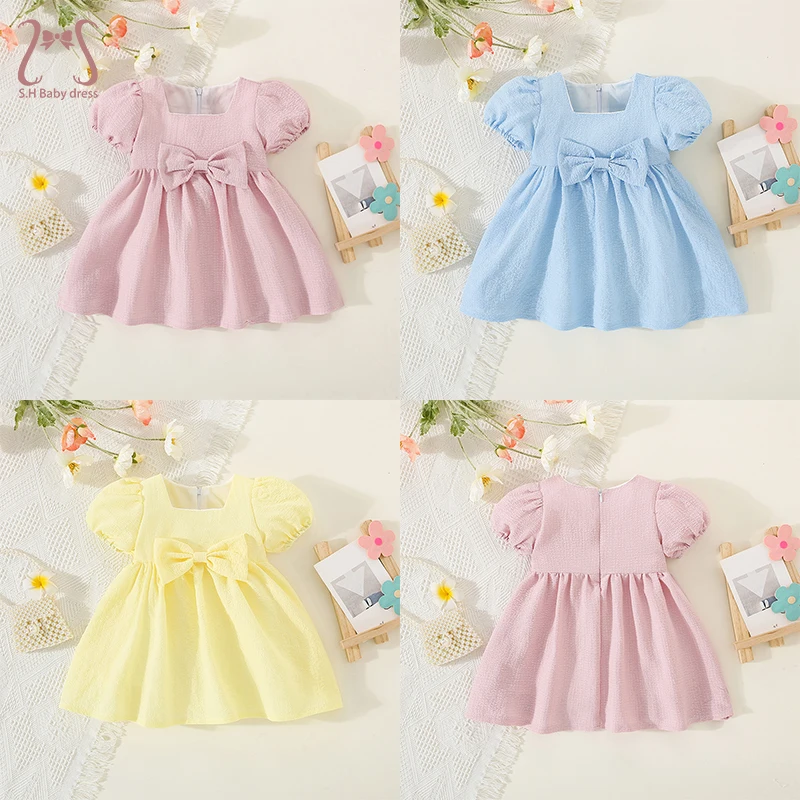 Плътен цвят рожден ден Бебе момиче принцеса вечерни рокли летни деца Bowknot бутер ръкави детски дрехи 0 до 3 Y малко дете