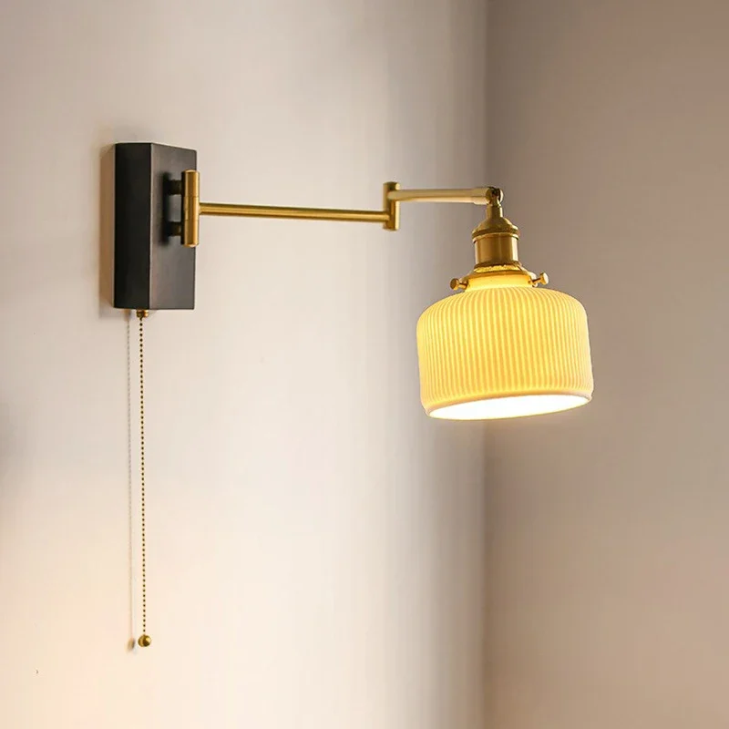 Регулируеми LED осветителни тела за стена с керамичен нюанс Creative Swing Long Arm Wall Sconce Lamp Pull Wire Switch Wandlamp