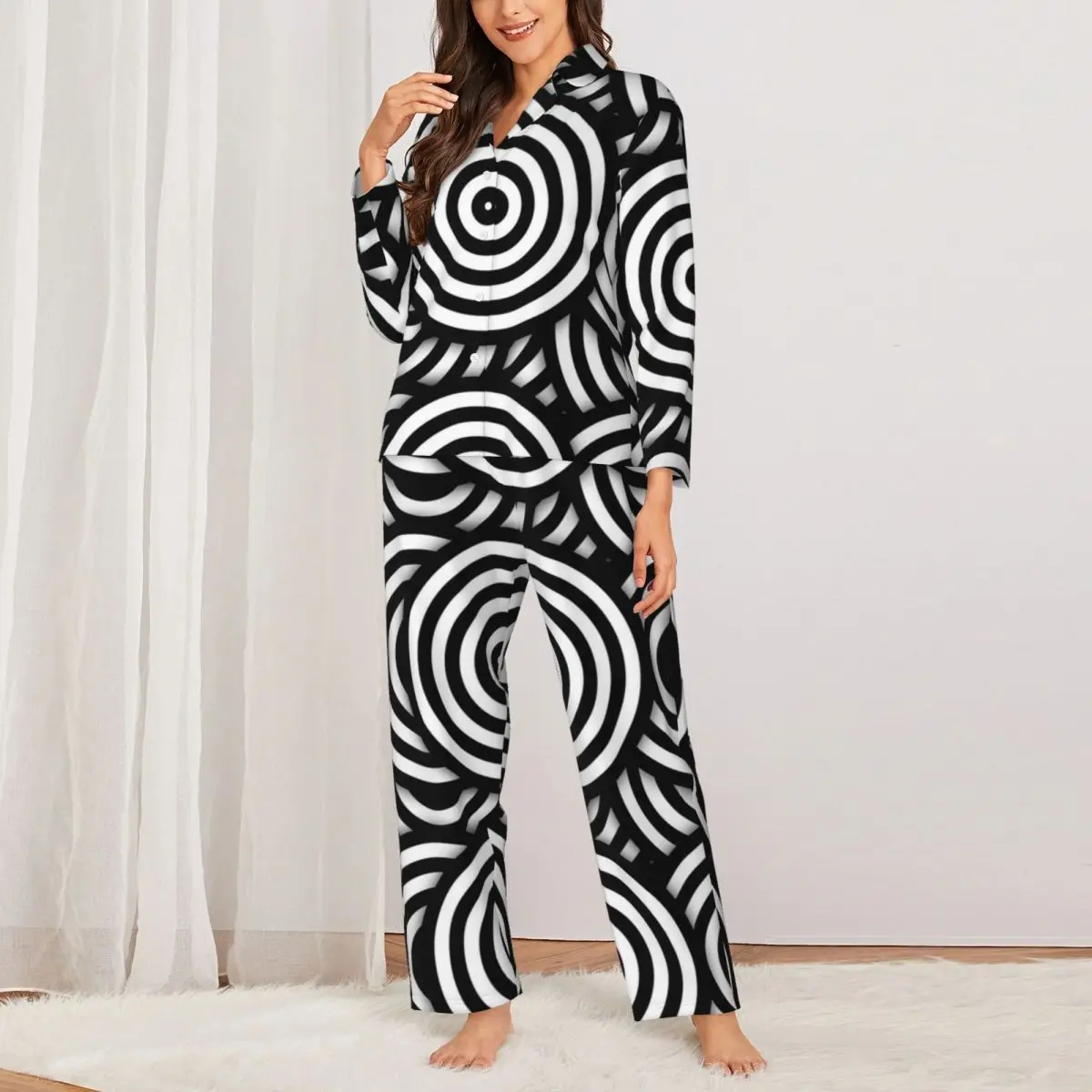 Ретро психеделичен Op Art спално облекло есен черно бели кръгове случайни извънгабаритни пижама комплект дама дълъг ръкав модерен нощно облекло
